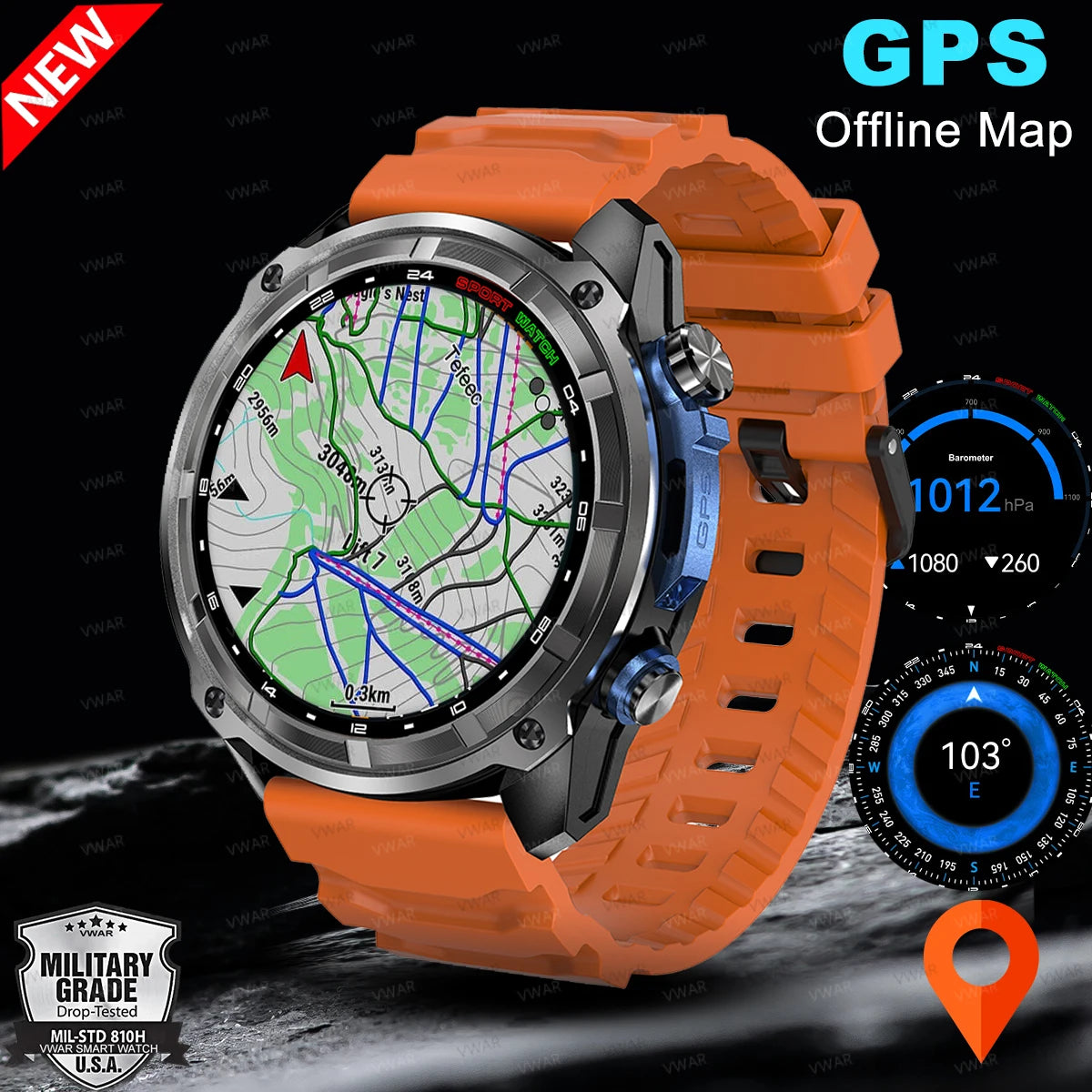 VWAR Tactical Smart Watch Built-in GPS Offline Map 4GB Memory 3 ATM IP69K Swimming Waterproof Men Militray Smartwatch 2025 NEW