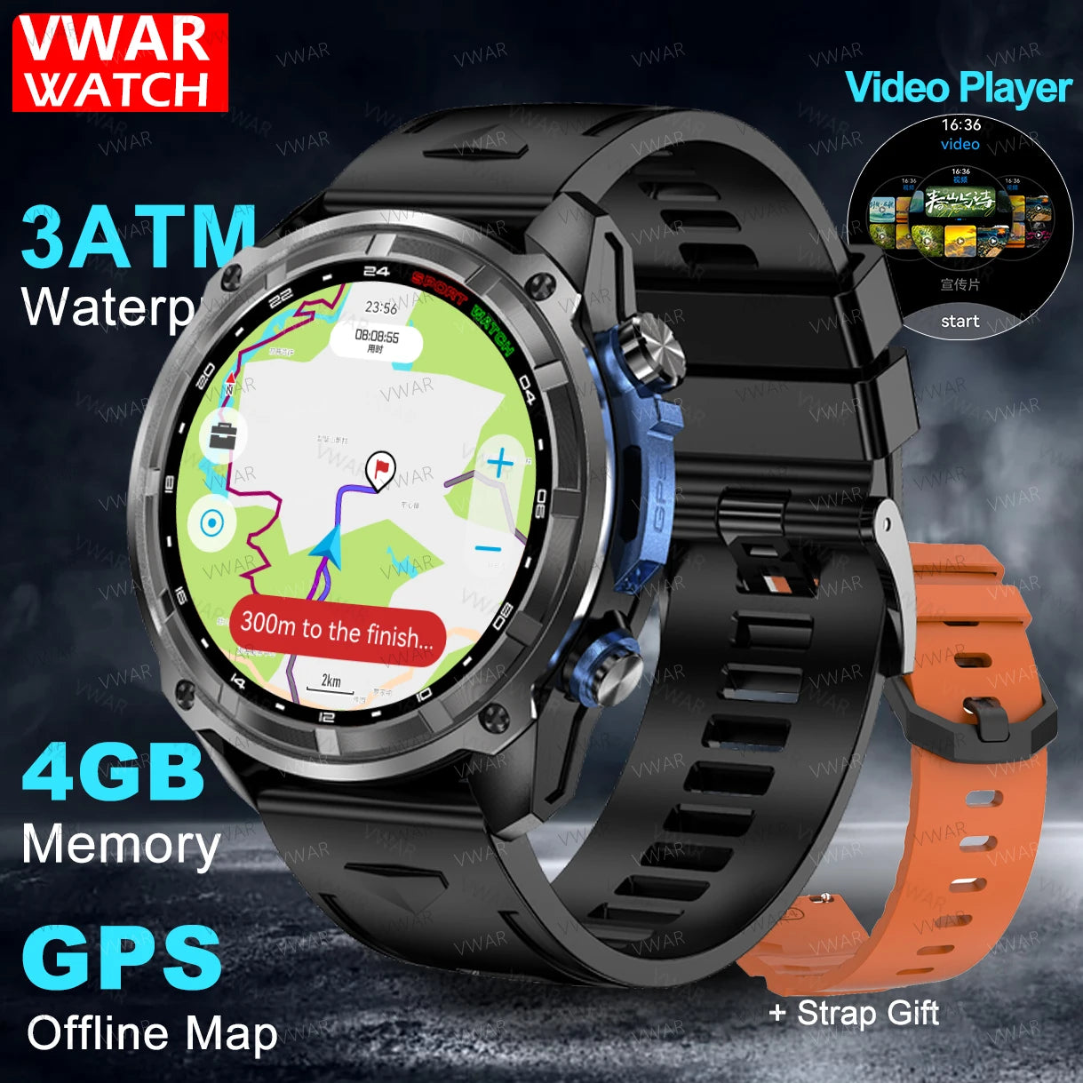 VWAR Tactical Smart Watch Built-in GPS Offline Map 4GB Memory 3 ATM IP69K Swimming Waterproof Men Militray Smartwatch 2025 NEW