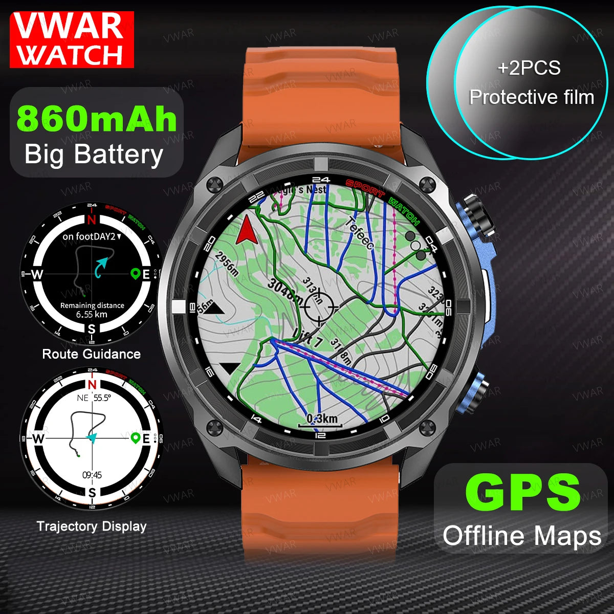 VWAR Tactical Smart Watch Built-in GPS Offline Map 4GB Memory 3 ATM IP69K Swimming Waterproof Men Militray Smartwatch 2025 NEW