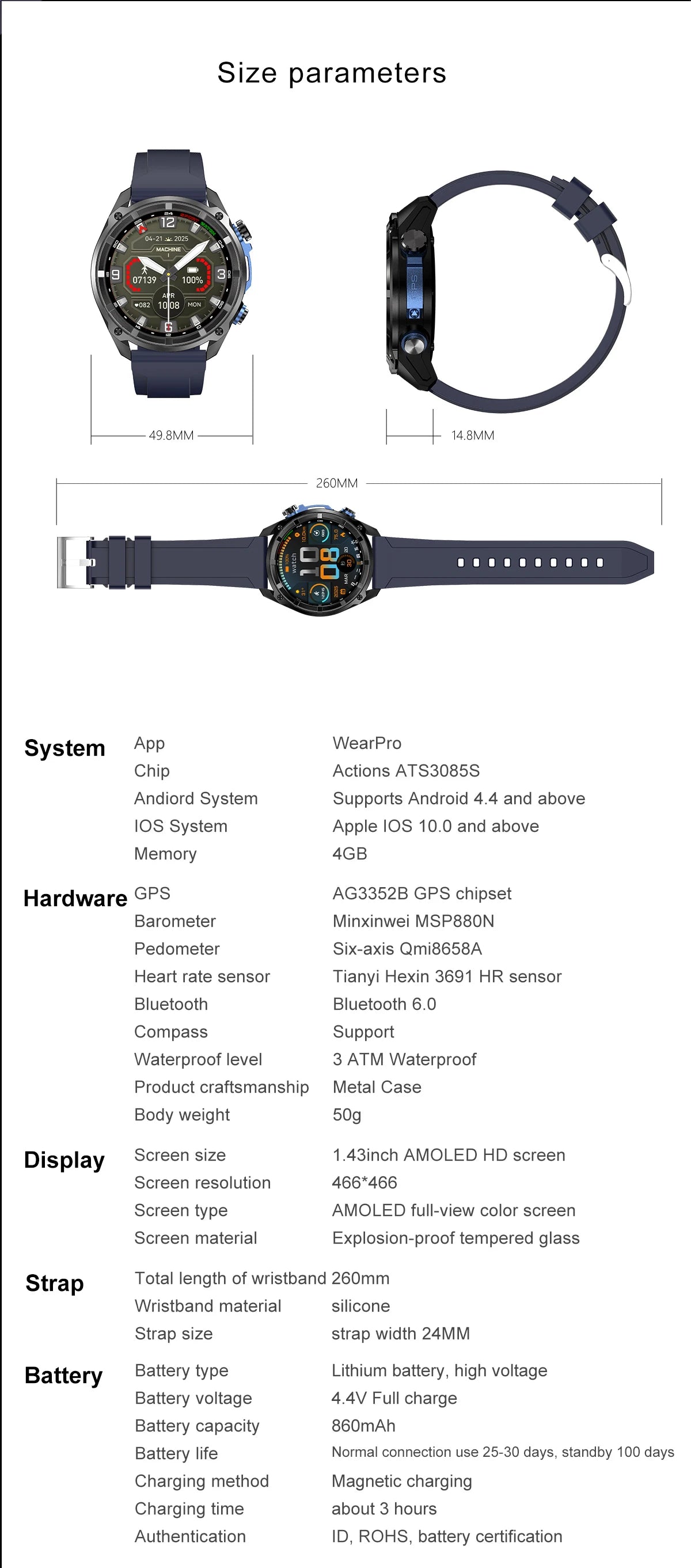 VWAR Tactical Smart Watch Built-in GPS Offline Map 4GB Memory 3 ATM IP69K Swimming Waterproof Men Militray Smartwatch 2025 NEW