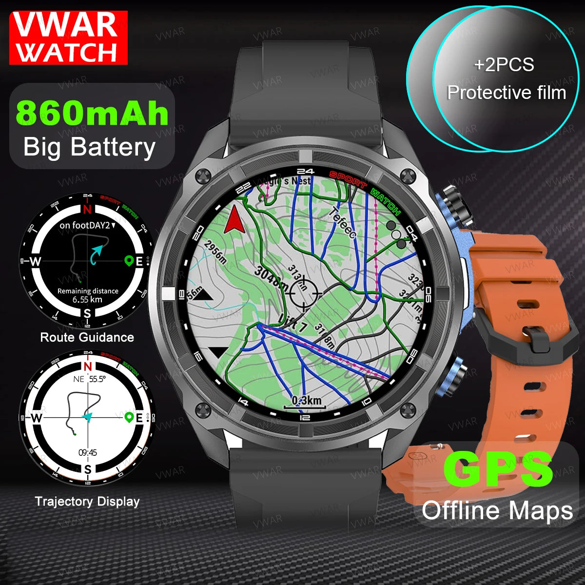 VWAR Tactical Smart Watch Built-in GPS Offline Map 4GB Memory 3 ATM IP69K Swimming Waterproof Men Militray Smartwatch 2025 NEW