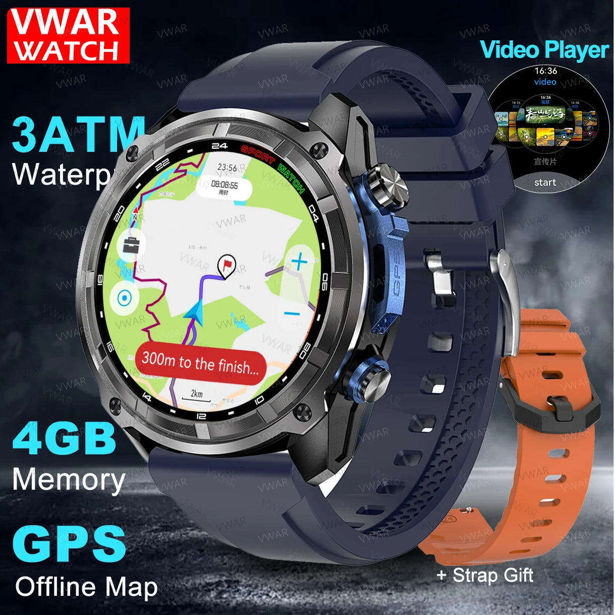 VWAR Tactical Smart Watch Built-in GPS Offline Map 4GB Memory 3 ATM IP69K Swimming Waterproof Men Militray Smartwatch 2025 NEW