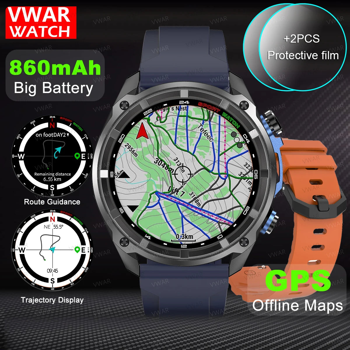 VWAR Tactical Smart Watch Built-in GPS Offline Map 4GB Memory 3 ATM IP69K Swimming Waterproof Men Militray Smartwatch 2025 NEW